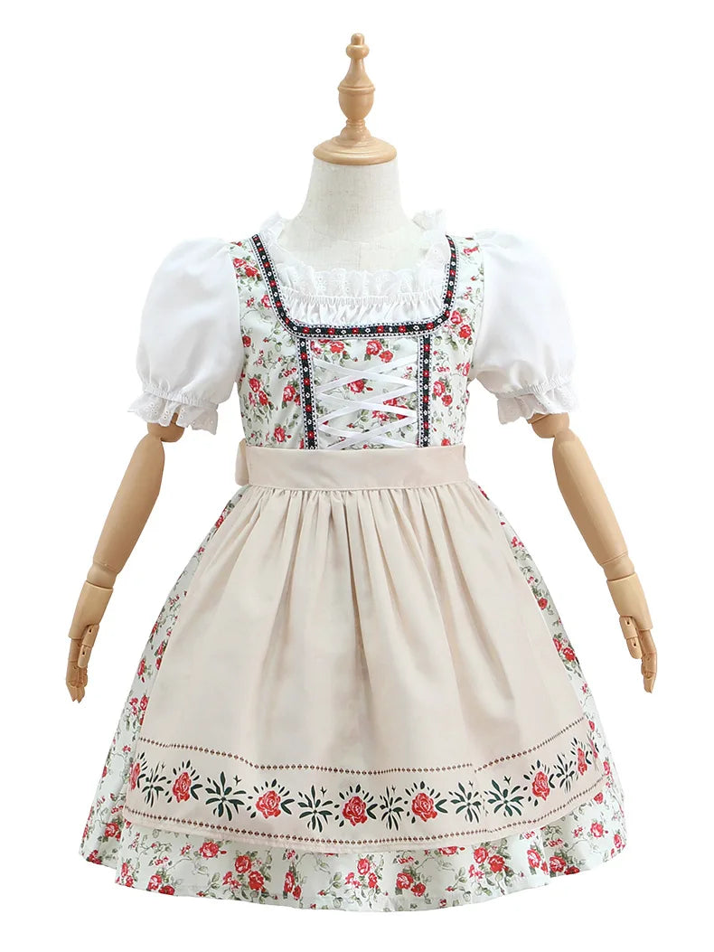 IOOTIANY Deutsches Münchner Oktoberfest Kinder Mädchen Blume Rüschen Spitze Lolita Pastoral Kleid Dienstmädchen Cosplay Performance Kostüm Set