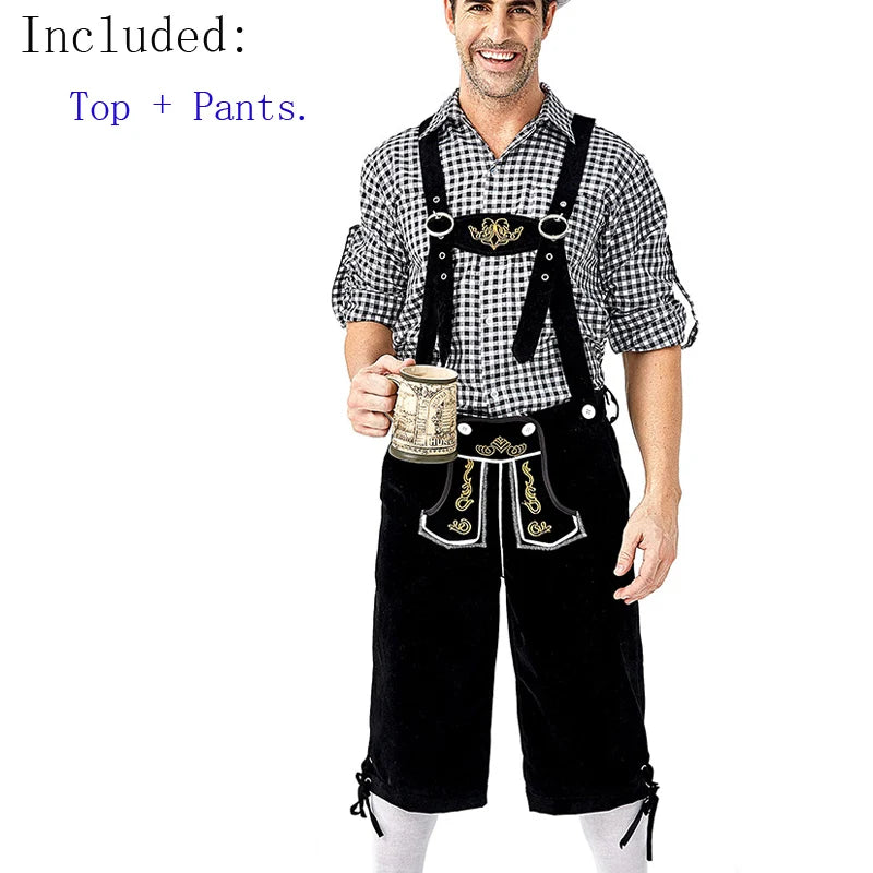 Männer Karneval Oktoberfest Kostüm Kariertes Hemd Lederhosen Outfit Cosplay Halloween Parade Bühnenshow Phantasie Partykleid