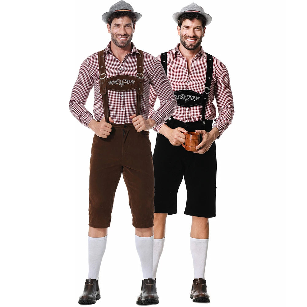 Dreiteiliges Set Oktoberfest Lederhosen Kostüm für Herren Bayerische Deutsche Bierfeste Hosenträger Hemd Hut Cosplay Bier Outfits