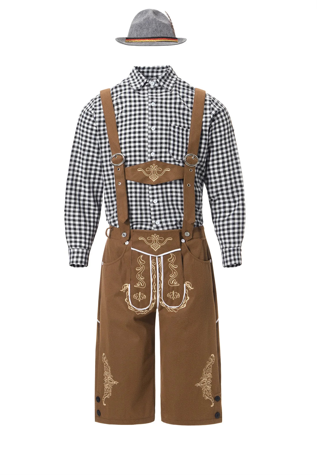 M-XXL Herren Oktoberfest Lederhosen Kostüm Langarm Hosenträger Strampler Hemd Hut Deutsches Bayerisches Bierfest Cosplay Outfit