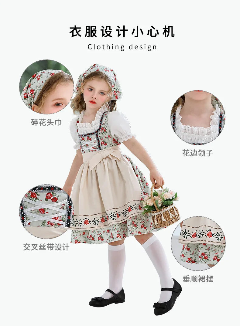 IOOTIANY Deutsches Münchner Oktoberfest Kinder Mädchen Blume Rüschen Spitze Lolita Pastoral Kleid Dienstmädchen Cosplay Performance Kostüm Set