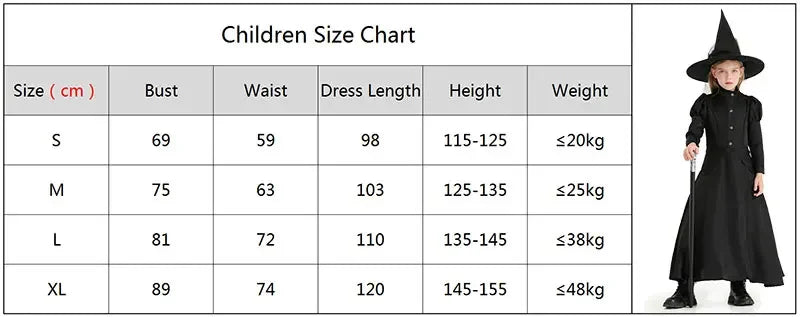 Halloween-Zauberer-Cosplay-Kostüm für Kinder und Erwachsene, Halloween-Kostüm für Damen, Deluxe, böse Hexe, schwarzes Kleid in voller Länge