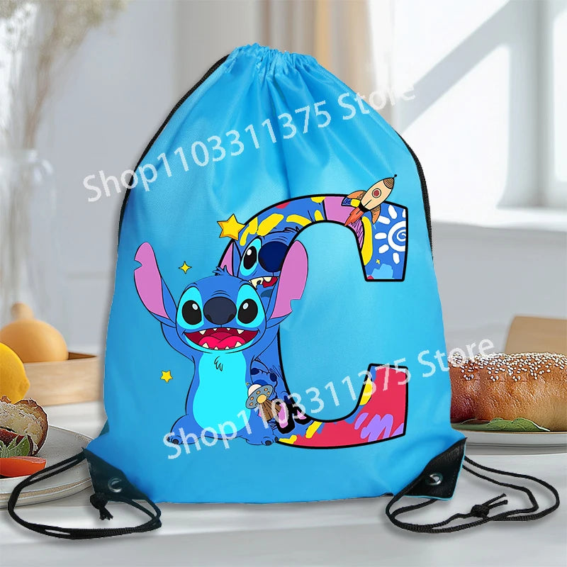 Stitch Disney Waterproof Drawstring Bag Letter A-Z Cartoon Shoes Underwear Travel Sport Bags Nylon Clothes Packing Backpack Gift
