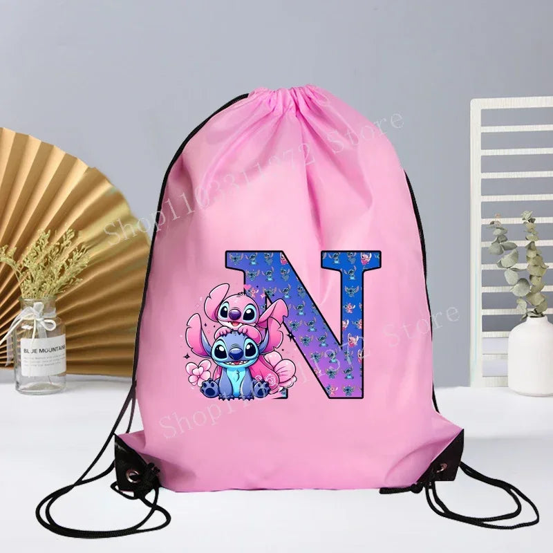 Disney Stitch Drawstring Bag Letter A-Z Printed Girl Kids Adult Gym PE Kit Sack Dance Portable Waterproof Light Travel Pouch Bag