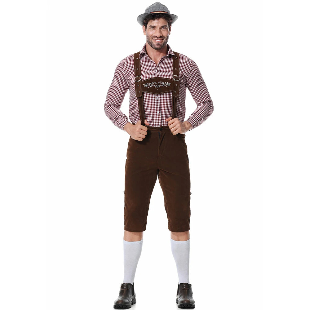 Dreiteiliges Set Oktoberfest Lederhosen Kostüm für Herren Bayerische Deutsche Bierfeste Hosenträger Hemd Hut Cosplay Bier Outfits