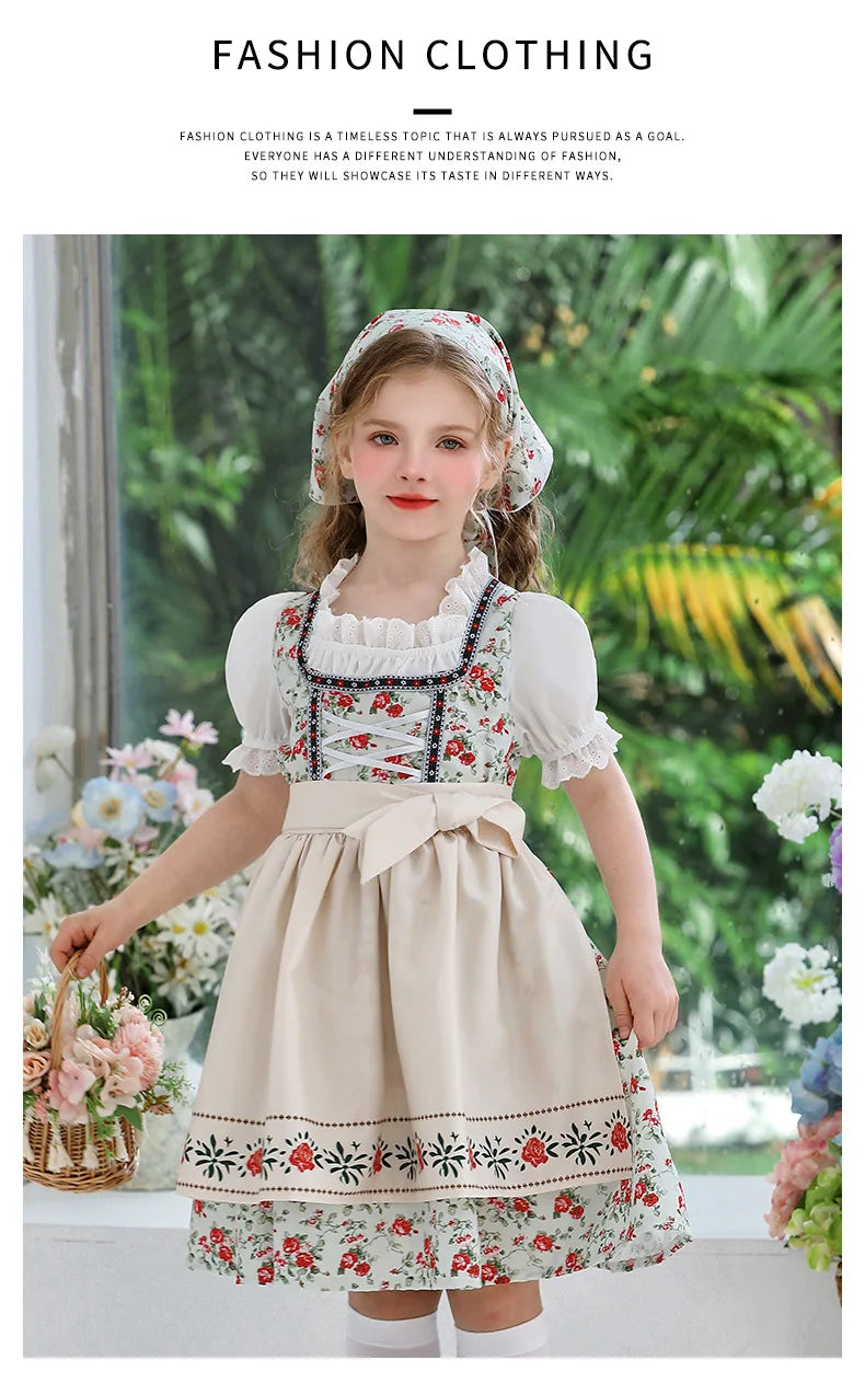 IOOTIANY Deutsches Münchner Oktoberfest Kinder Mädchen Blume Rüschen Spitze Lolita Pastoral Kleid Dienstmädchen Cosplay Performance Kostüm Set