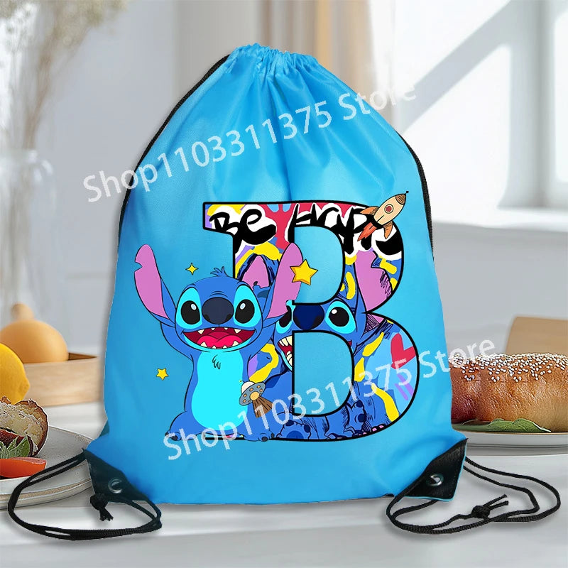Stitch Disney Waterproof Drawstring Bag Letter A-Z Cartoon Shoes Underwear Travel Sport Bags Nylon Clothes Packing Backpack Gift