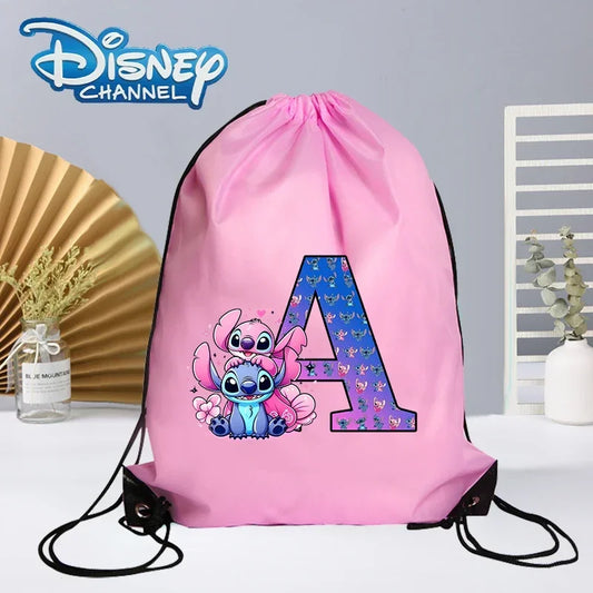 Disney Stitch Drawstring Bag Letter A-Z Printed Girl Kids Adult Gym PE Kit Sack Dance Portable Waterproof Light Travel Pouch Bag