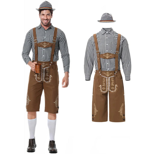 M-XXL Herren Oktoberfest Lederhosen Kostüm Langarm Hosenträger Strampler Hemd Hut Deutsches Bayerisches Bierfest Cosplay Outfit