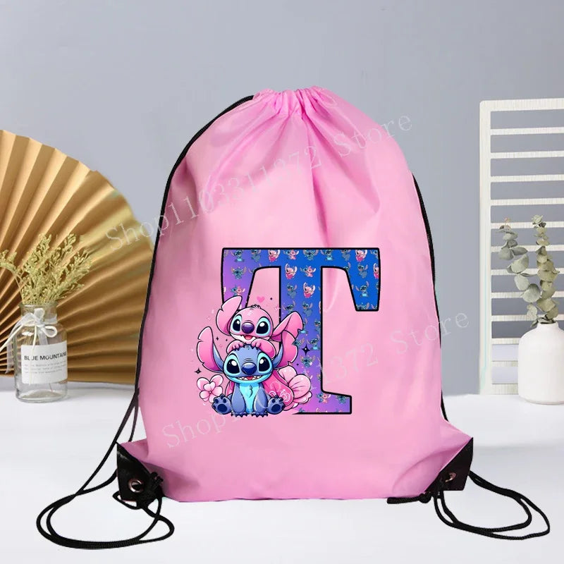 Disney Stitch Drawstring Bag Letter A-Z Printed Girl Kids Adult Gym PE Kit Sack Dance Portable Waterproof Light Travel Pouch Bag