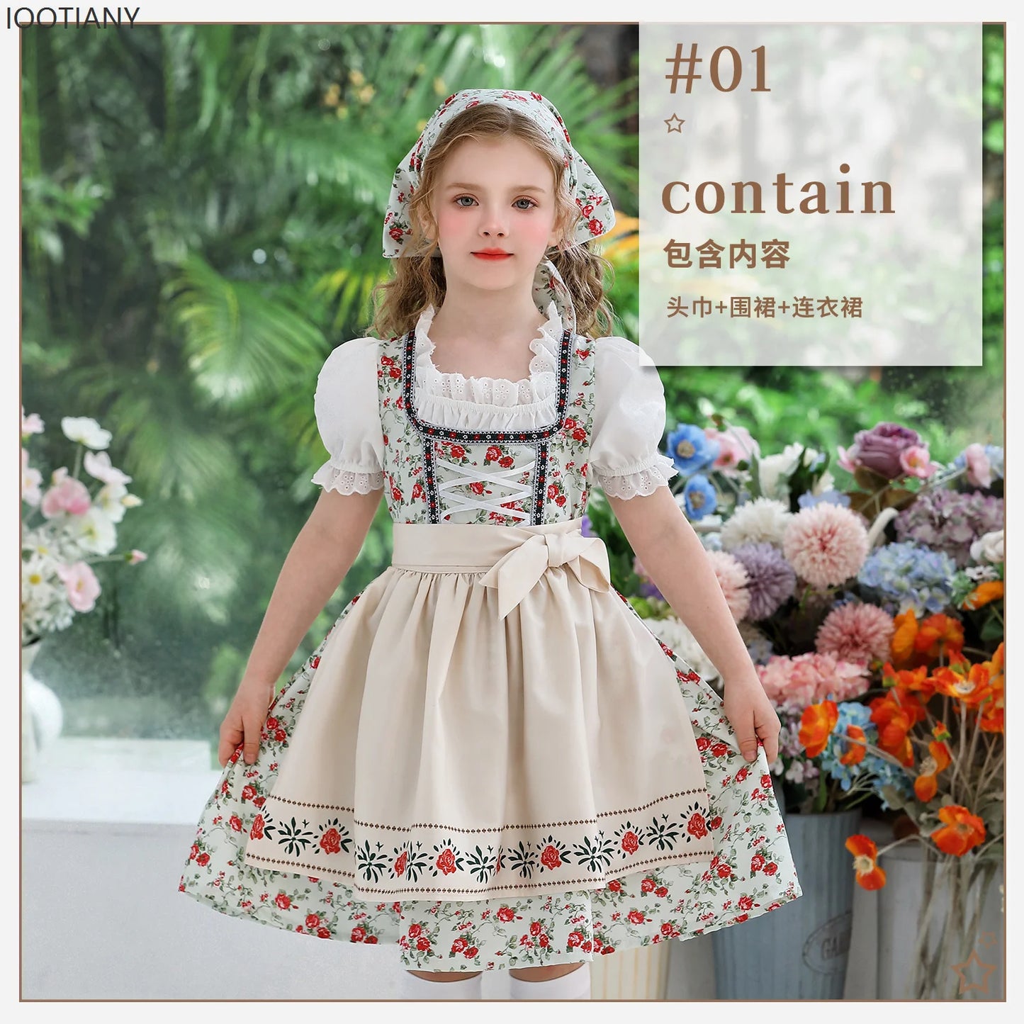 IOOTIANY Deutsches Münchner Oktoberfest Kinder Mädchen Blume Rüschen Spitze Lolita Pastoral Kleid Dienstmädchen Cosplay Performance Kostüm Set