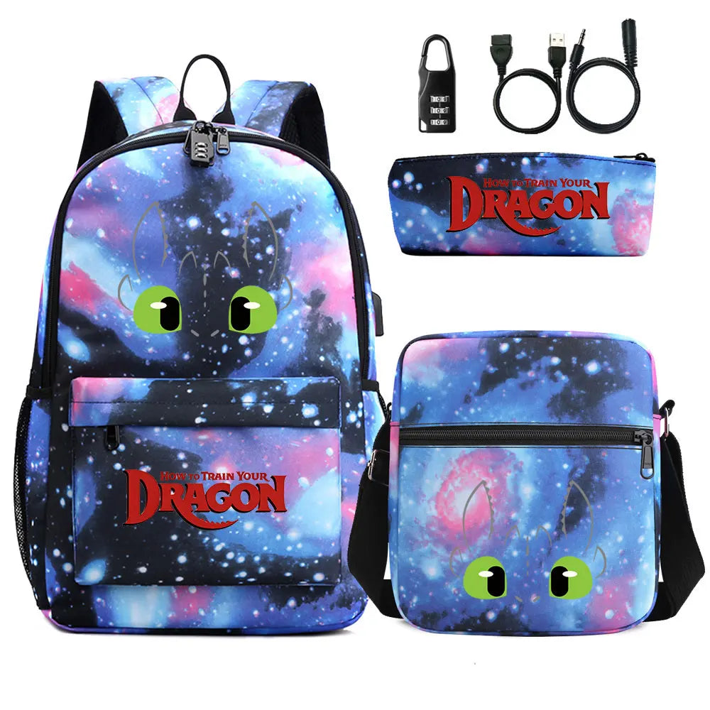 How to Train Your Dragon 3Pcs USB Anti-theft Lock Boy Girl Kids Back To School Book Bags Travel Backpack Shoulder Bag Pen Bags