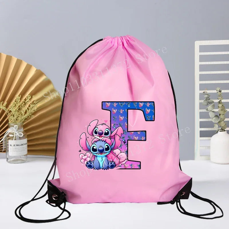 Disney Stitch Drawstring Bag Letter A-Z Printed Girl Kids Adult Gym PE Kit Sack Dance Portable Waterproof Light Travel Pouch Bag