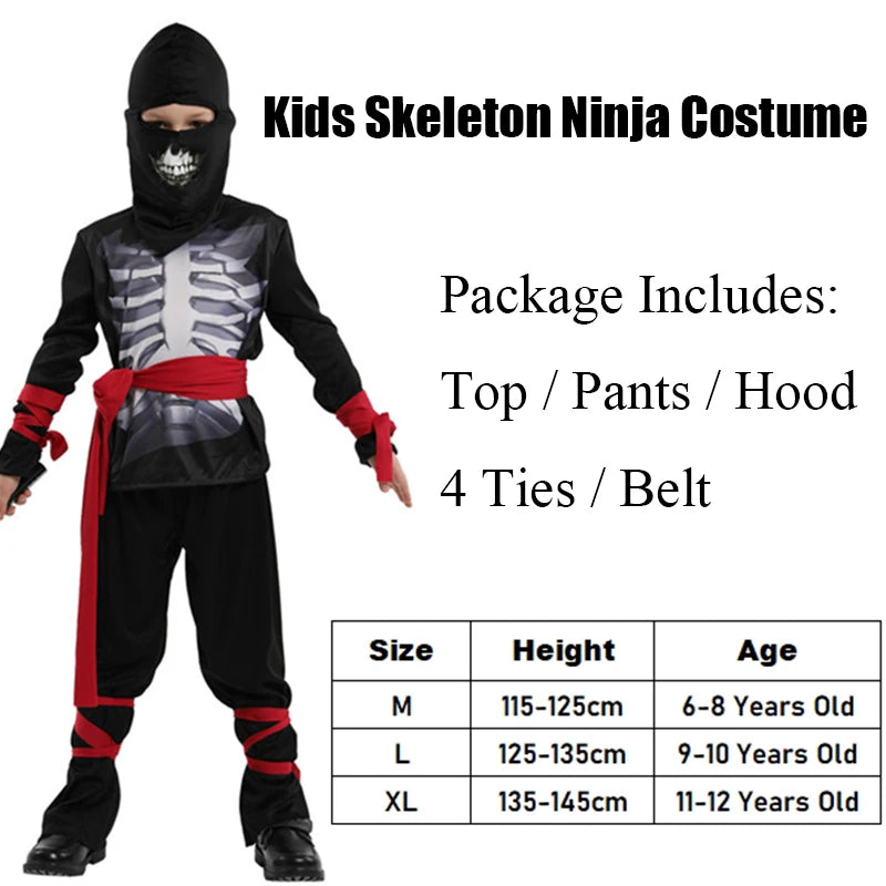 Jungen Schwarzes Skelett Totenkopf Ninja Kostüm Shinobi Schwert Katana Rucksack Set Kinder Silber Drachen Ninja Halloween Kostüm