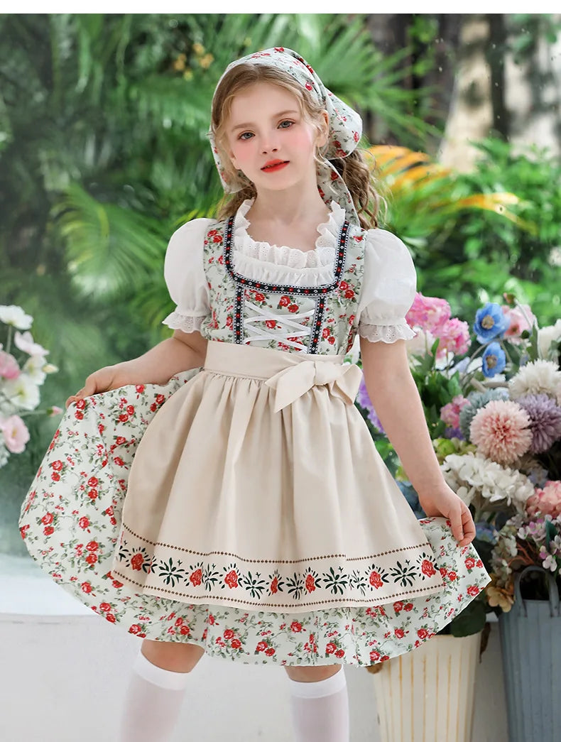 IOOTIANY Deutsches Münchner Oktoberfest Kinder Mädchen Blume Rüschen Spitze Lolita Pastoral Kleid Dienstmädchen Cosplay Performance Kostüm Set