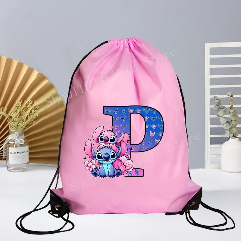 Disney Stitch Drawstring Bag Letter A-Z Printed Girl Kids Adult Gym PE Kit Sack Dance Portable Waterproof Light Travel Pouch Bag