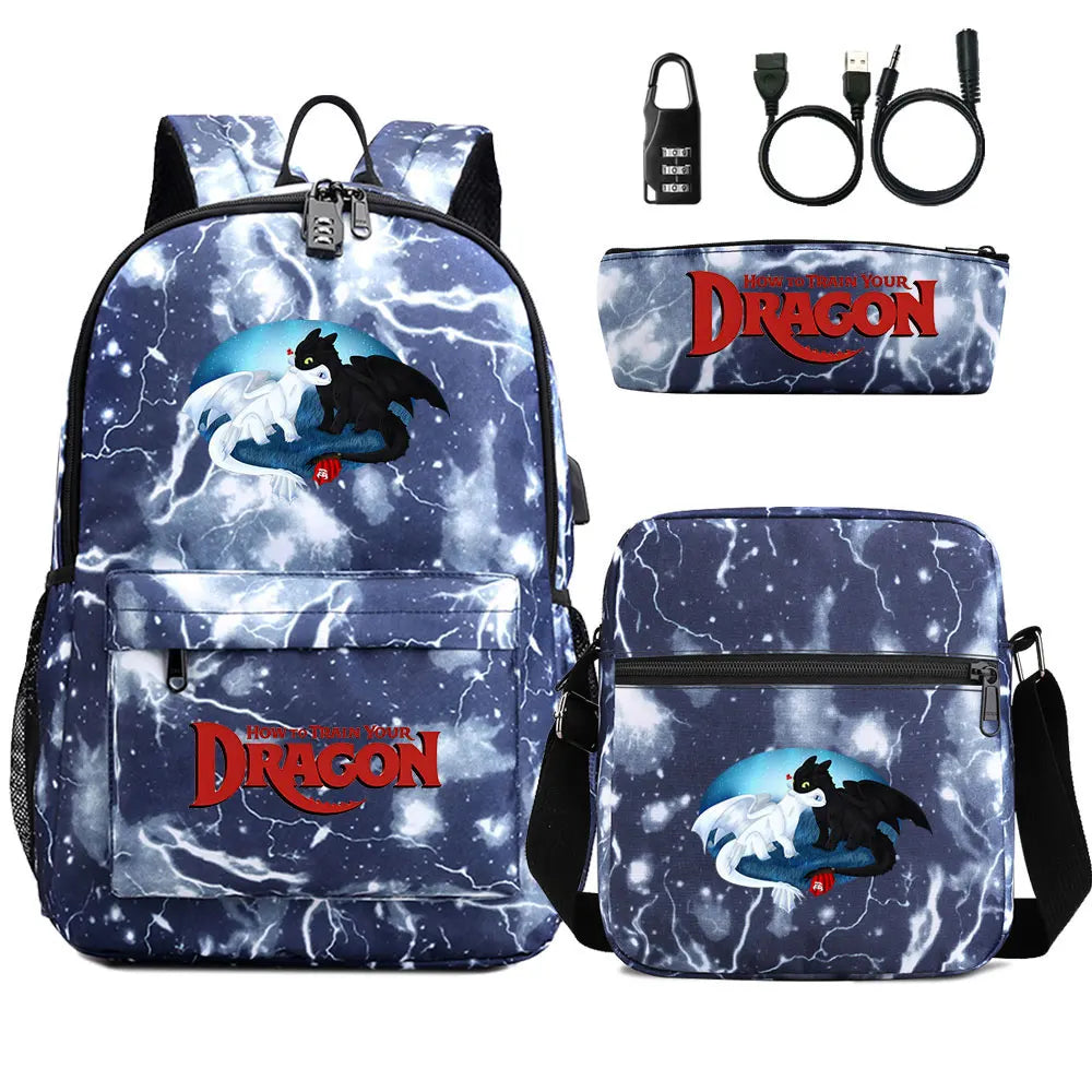 How to Train Your Dragon 3Pcs USB Anti-theft Lock Boy Girl Kids Back To School Book Bags Travel Backpack Shoulder Bag Pen Bags