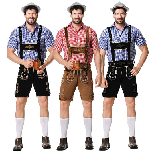 Männliches Oktoberfest-Lederhosenkostüm Bayerisches Oktoberfest-Deutsches Bierkostüm Hemd Hosenträger Shorts Hut Cosplay-Kostüme