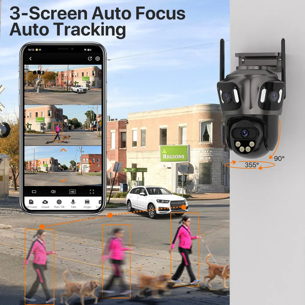 6K HD Outdoor Wifi PTZ Kamera Drei Objektiv 4K Dual Screen IP Kamera Auto Tracking Farbe Nacht Video Überwachung CCTV P2P iCsee