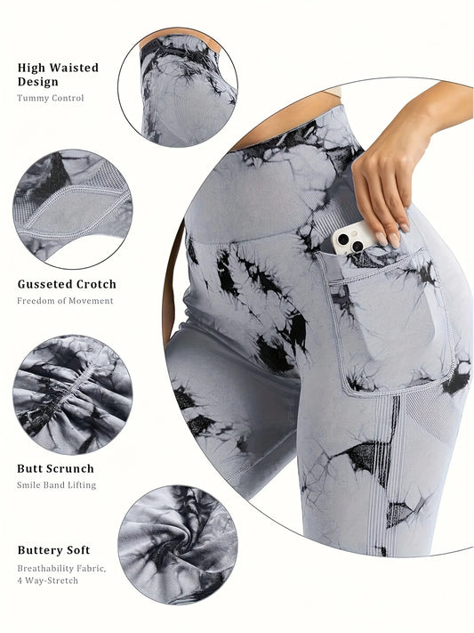Nahtlose Workout-Leggings mit Batikmuster und hoher Taille für Damen, Scrunch Butt Lifting, Yoga, Fitnessstudio, Sporthose mit Taschen