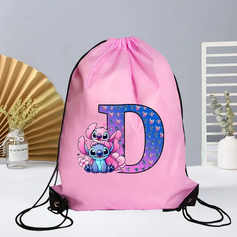 Disney Stitch Drawstring Bag Letter A-Z Printed Girl Kids Adult Gym PE Kit Sack Dance Portable Waterproof Light Travel Pouch Bag