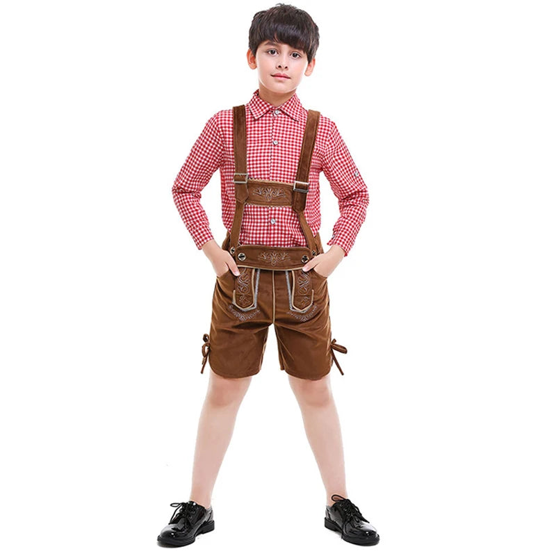 NEU Bayerisches Nationales Oktoberfest-Kostüm für Jungen, Flanell-Lederhosen, kariertes Hemd, Cosplay, Karneval, Halloween, ausgefallenes Partykleid