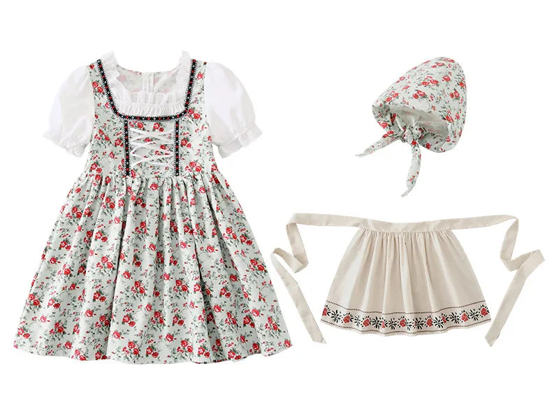 IOOTIANY Deutsches Münchner Oktoberfest Kinder Mädchen Blume Rüschen Spitze Lolita Pastoral Kleid Dienstmädchen Cosplay Performance Kostüm Set