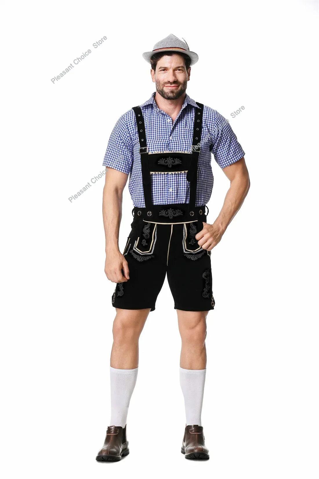 Männliches deutsches Oktoberfest-Lederhosen-Kostüm, kurzärmelig, Hosenträger, Strampler, Hemd, Hut, bayerisches Bierfest, Herren-Cosplay-Outfit