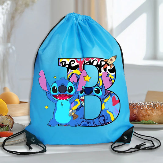 Stitch Disney Waterproof Drawstring Bag Letter A-Z Cartoon Shoes Underwear Travel Sport Bags Nylon Clothes Packing Backpack Gift