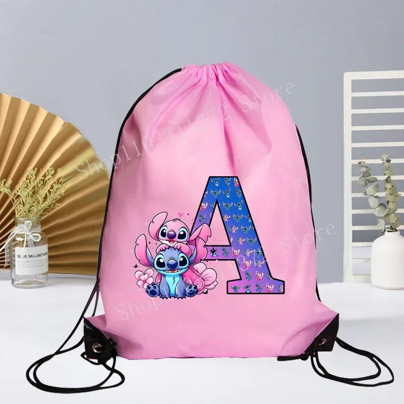 Disney Stitch Drawstring Bag Letter A-Z Printed Girl Kids Adult Gym PE Kit Sack Dance Portable Waterproof Light Travel Pouch Bag
