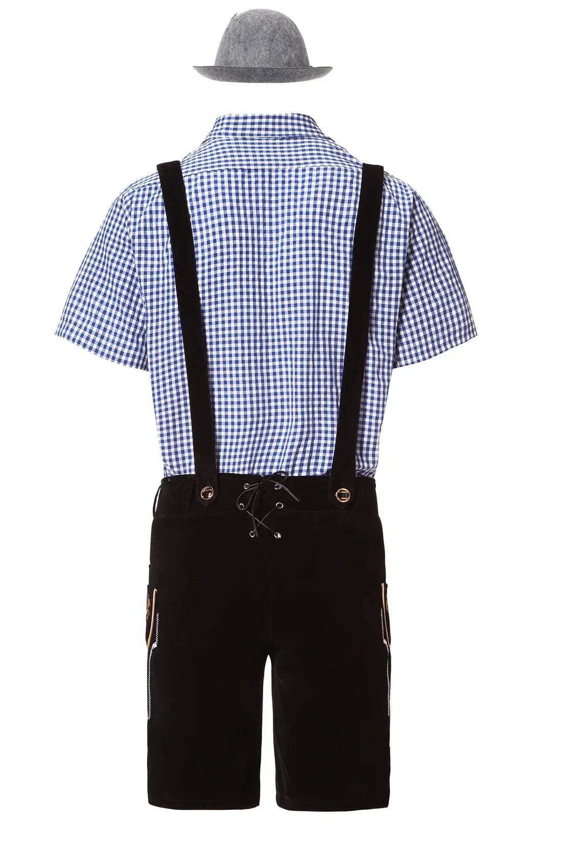 Männliches deutsches Oktoberfest-Lederhosen-Kostüm, kurzärmelig, Hosenträger, Strampler, Hemd, Hut, bayerisches Bierfest, Herren-Cosplay-Outfit