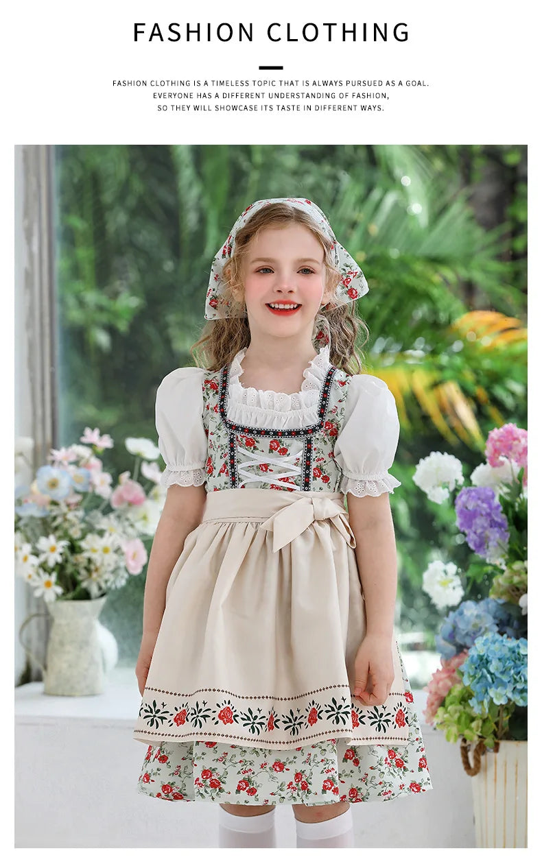 IOOTIANY Deutsches Münchner Oktoberfest Kinder Mädchen Blume Rüschen Spitze Lolita Pastoral Kleid Dienstmädchen Cosplay Performance Kostüm Set
