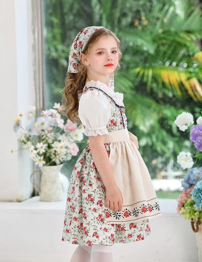 IOOTIANY Deutsches Münchner Oktoberfest Kinder Mädchen Blume Rüschen Spitze Lolita Pastoral Kleid Dienstmädchen Cosplay Performance Kostüm Set