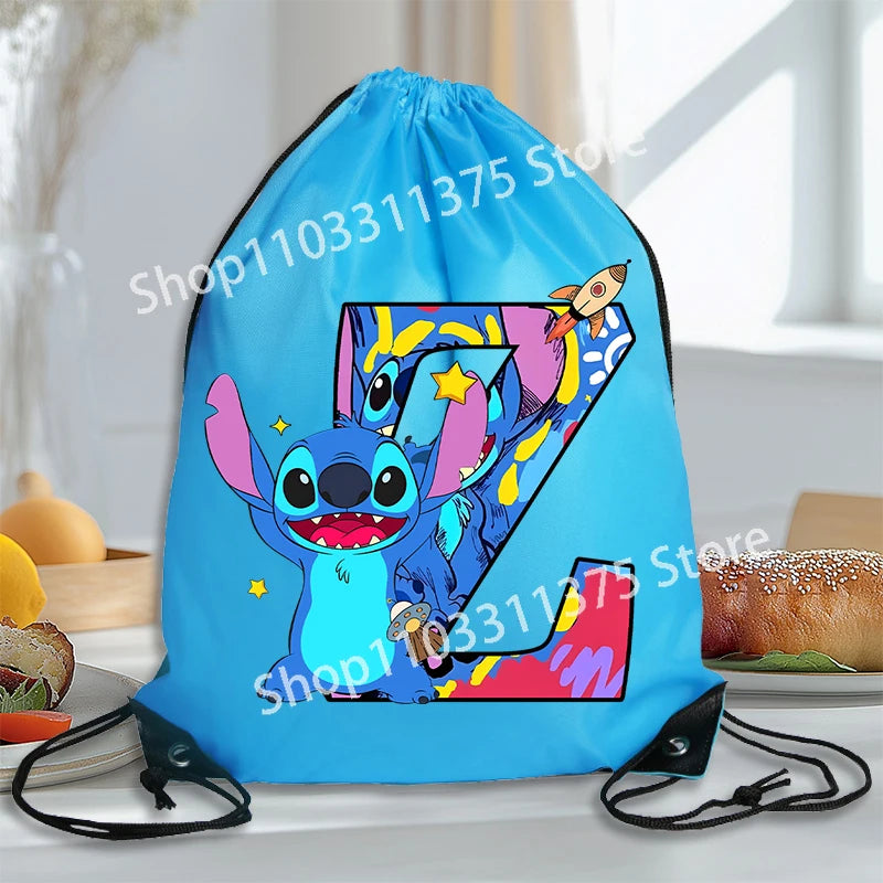 Stitch Disney Waterproof Drawstring Bag Letter A-Z Cartoon Shoes Underwear Travel Sport Bags Nylon Clothes Packing Backpack Gift