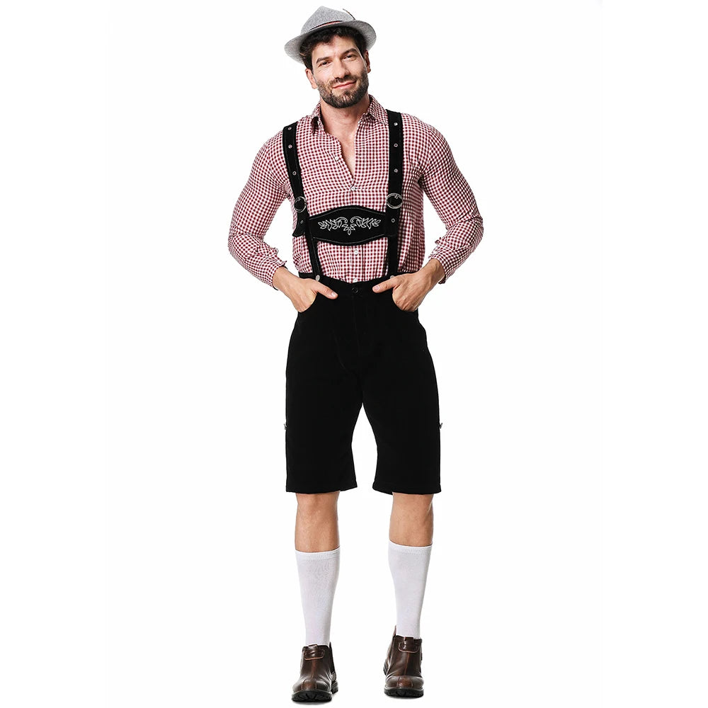 Dreiteiliges Set Oktoberfest Lederhosen Kostüm für Herren Bayerische Deutsche Bierfeste Hosenträger Hemd Hut Cosplay Bier Outfits