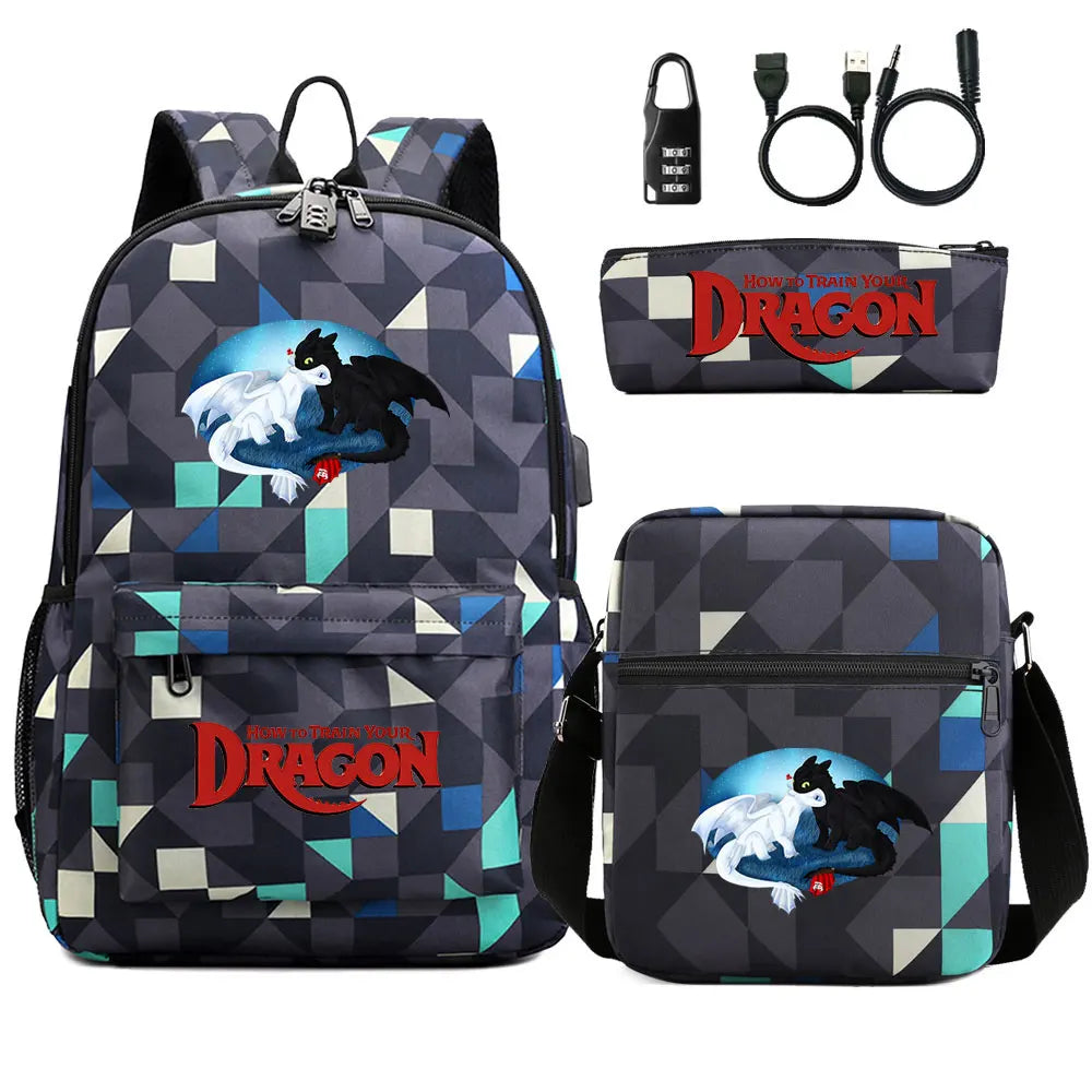 How to Train Your Dragon 3Pcs USB Anti-theft Lock Boy Girl Kids Back To School Book Bags Travel Backpack Shoulder Bag Pen Bags