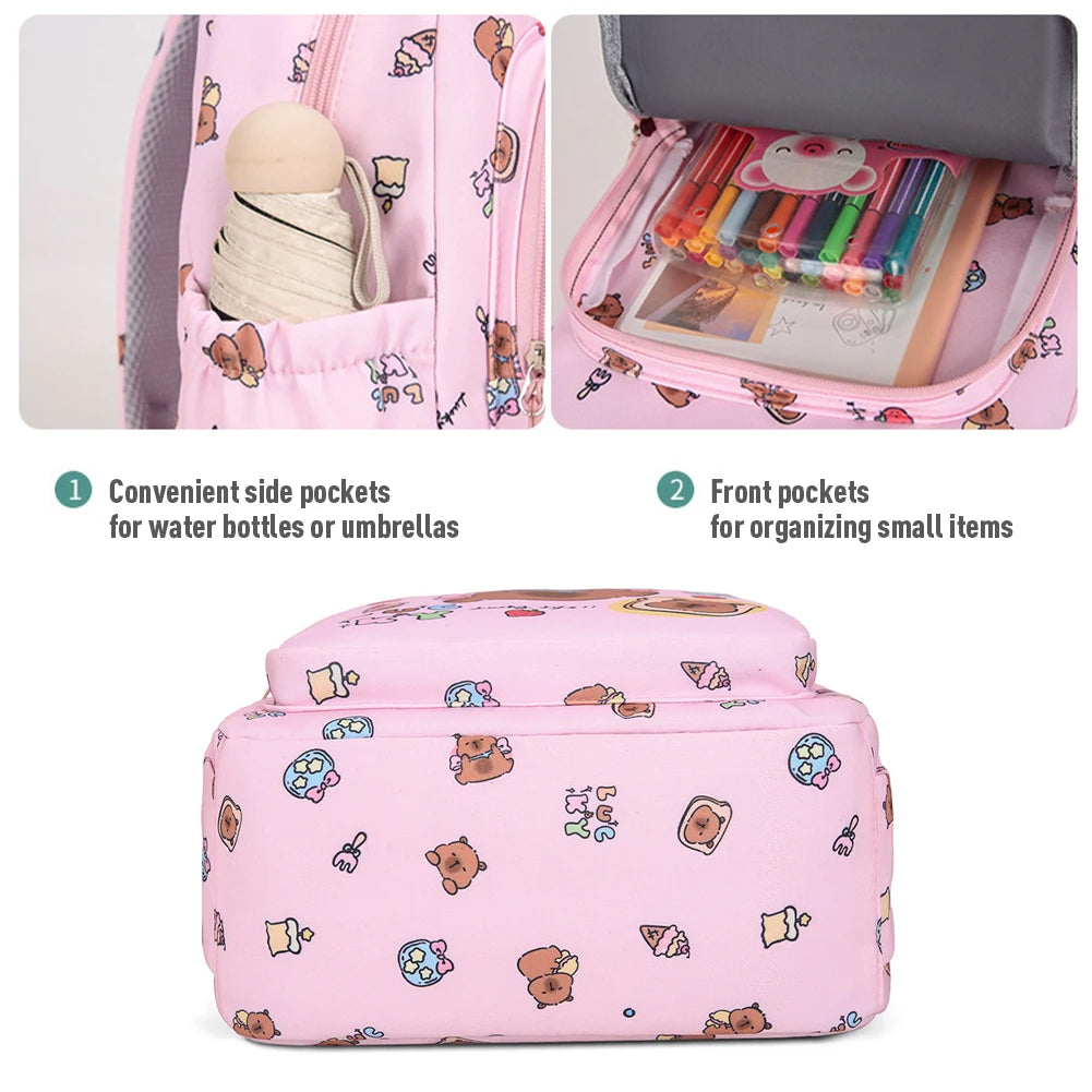 3in1 School Backpack Set Nylon Cute Bookbag Going Out Cartoon Laptop Travel Bag Breathable Back Large Capacity Cute Capybara Bag