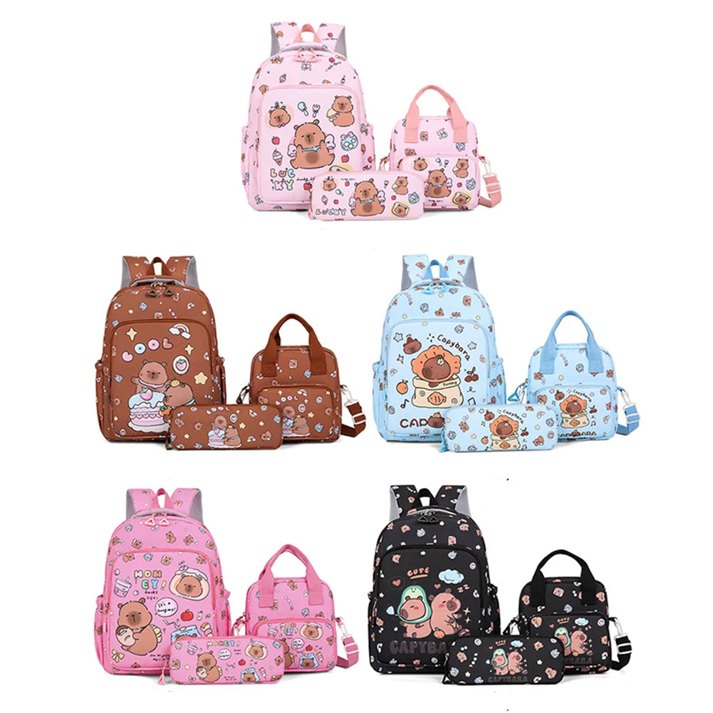 3in1 School Backpack Set Nylon Cute Bookbag Going Out Cartoon Laptop Travel Bag Breathable Back Large Capacity Cute Capybara Bag