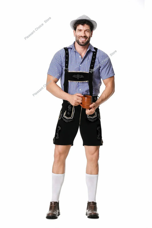 Männliches deutsches Oktoberfest-Lederhosen-Kostüm, kurzärmelig, Hosenträger, Strampler, Hemd, Hut, bayerisches Bierfest, Herren-Cosplay-Outfit