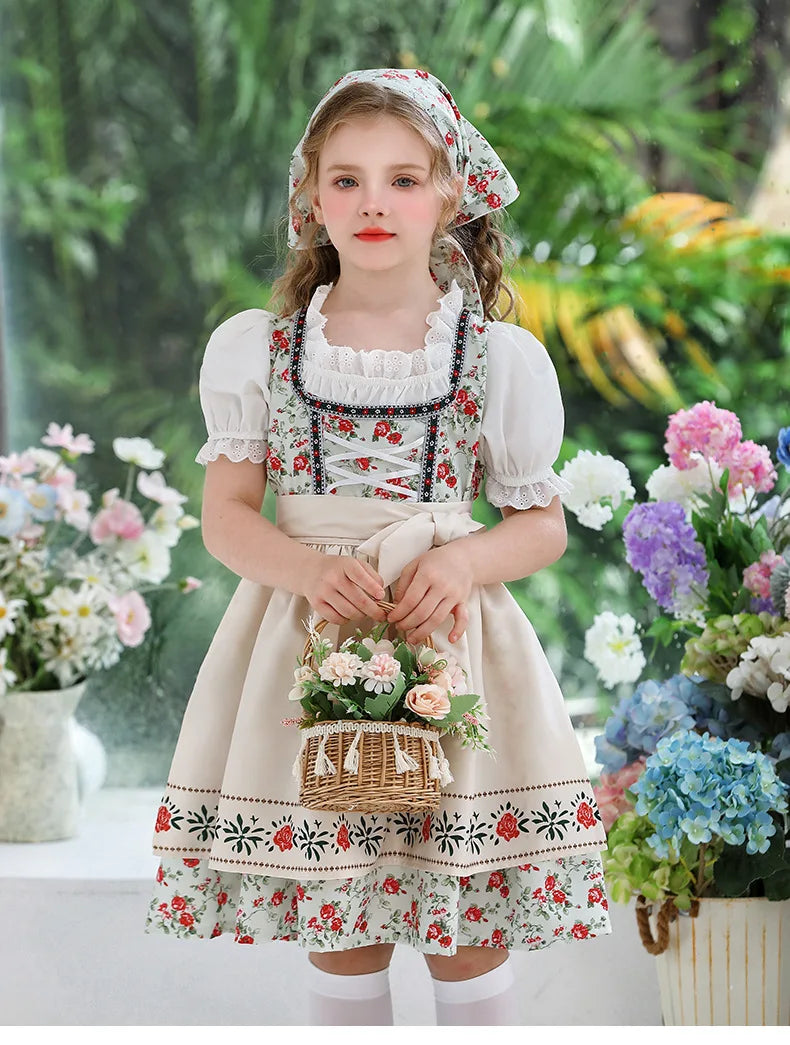 IOOTIANY Deutsches Münchner Oktoberfest Kinder Mädchen Blume Rüschen Spitze Lolita Pastoral Kleid Dienstmädchen Cosplay Performance Kostüm Set