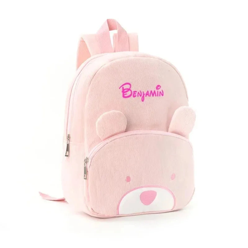 Customized Name Toddler Backpack - Cartoon Bear Corduroy Bag with Large Capacity, Embroidered Name Plush Backpack for Kids
