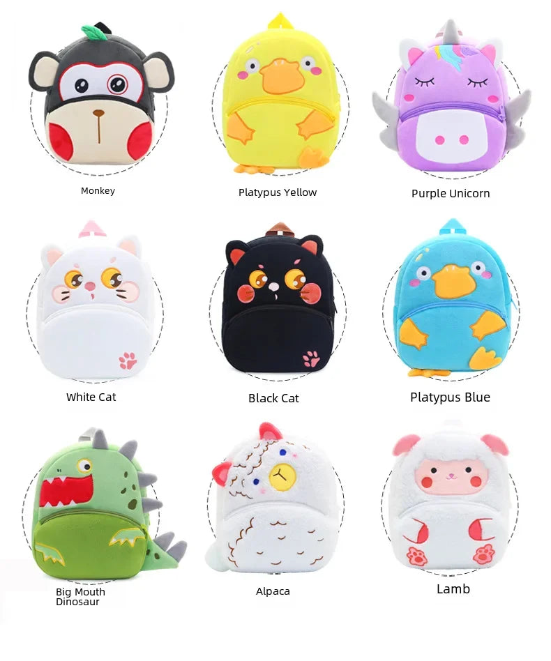 Cartoon Animal Kids Backpack Double Shoulder Plush Nursery Children Bag Customizable Printing Breathable Lightweight