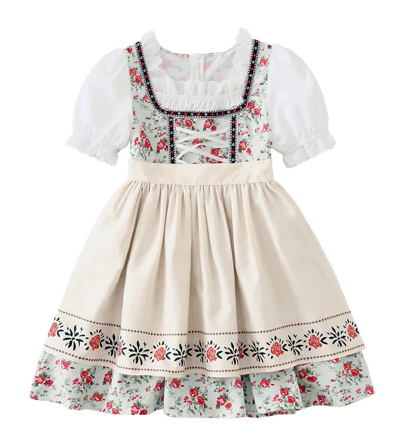 IOOTIANY Deutsches Münchner Oktoberfest Kinder Mädchen Blume Rüschen Spitze Lolita Pastoral Kleid Dienstmädchen Cosplay Performance Kostüm Set