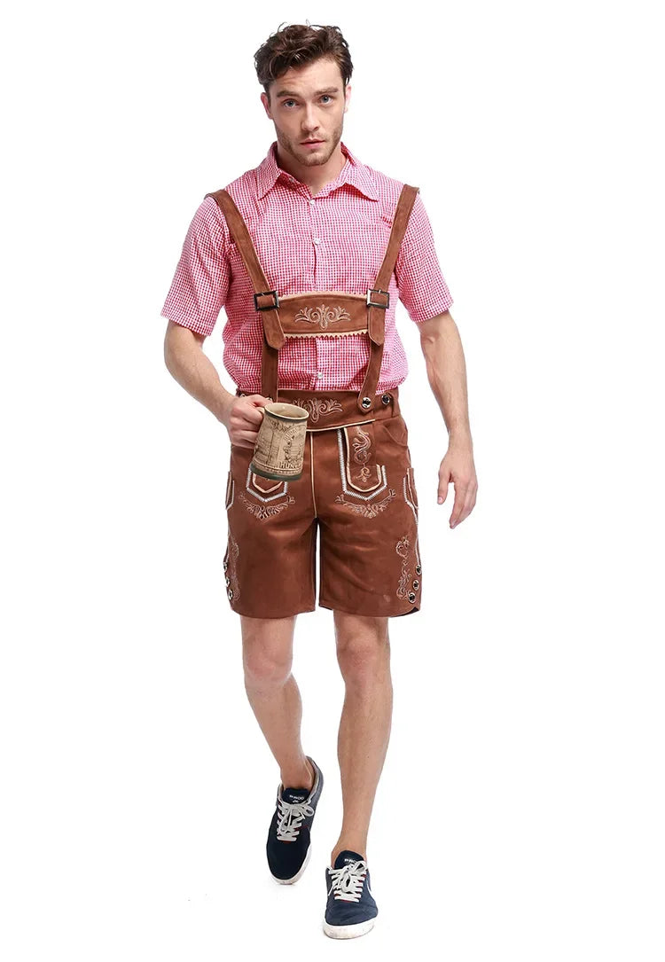 Männliches deutsches Oktoberfest-Lederhosen-Kostüm, kurzärmelig, Hosenträger, Strampler, Hemd, Hut, bayerisches Bierfest, Herren-Cosplay-Outfit
