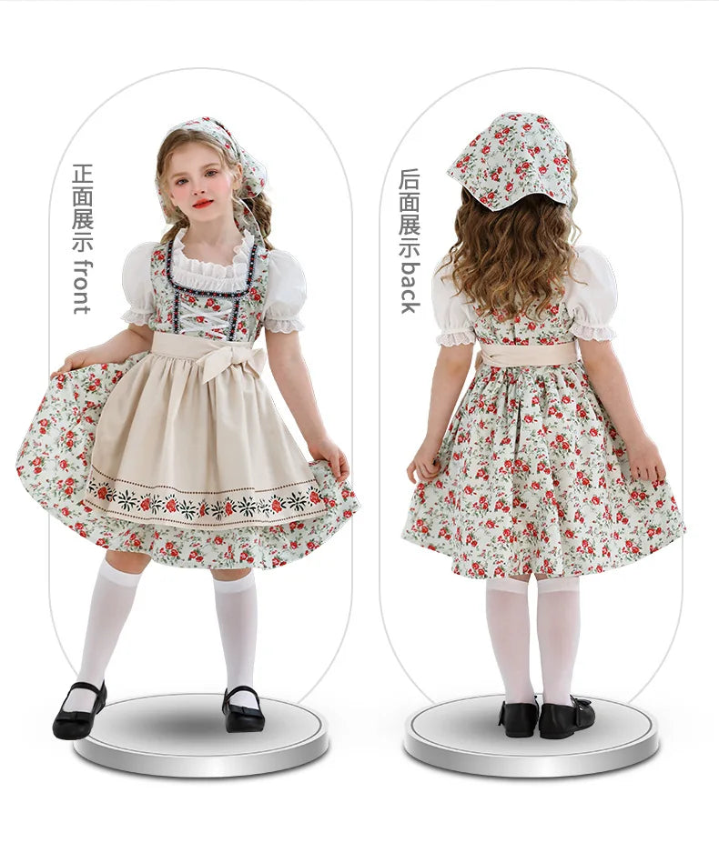 IOOTIANY Deutsches Münchner Oktoberfest Kinder Mädchen Blume Rüschen Spitze Lolita Pastoral Kleid Dienstmädchen Cosplay Performance Kostüm Set