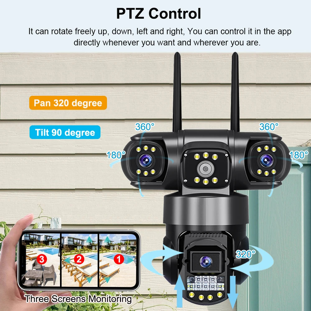 V380 Pro WiFi-IP-Kamera für den Außenbereich, 12 MP, 6K, dreifache Linsen, dreifache Bildschirme, Sicherheitsvideomonitor, Nachtsicht, wasserdichte CCTV-Kameras