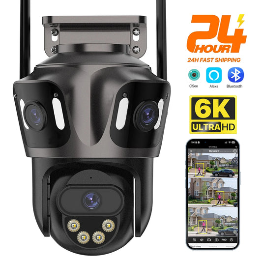 6K HD Outdoor Wifi PTZ Kamera Drei Objektiv 4K Dual Screen IP Kamera Auto Tracking Farbe Nacht Video Überwachung CCTV P2P iCsee