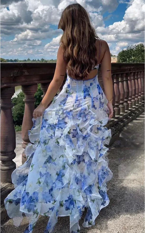 Damen 2025 Schulterfreies Abendkleid aus Organza, langes Abendkleid mit Blumendruck, fließendes A-Linien-Ball-Maxi-Sommerkleid