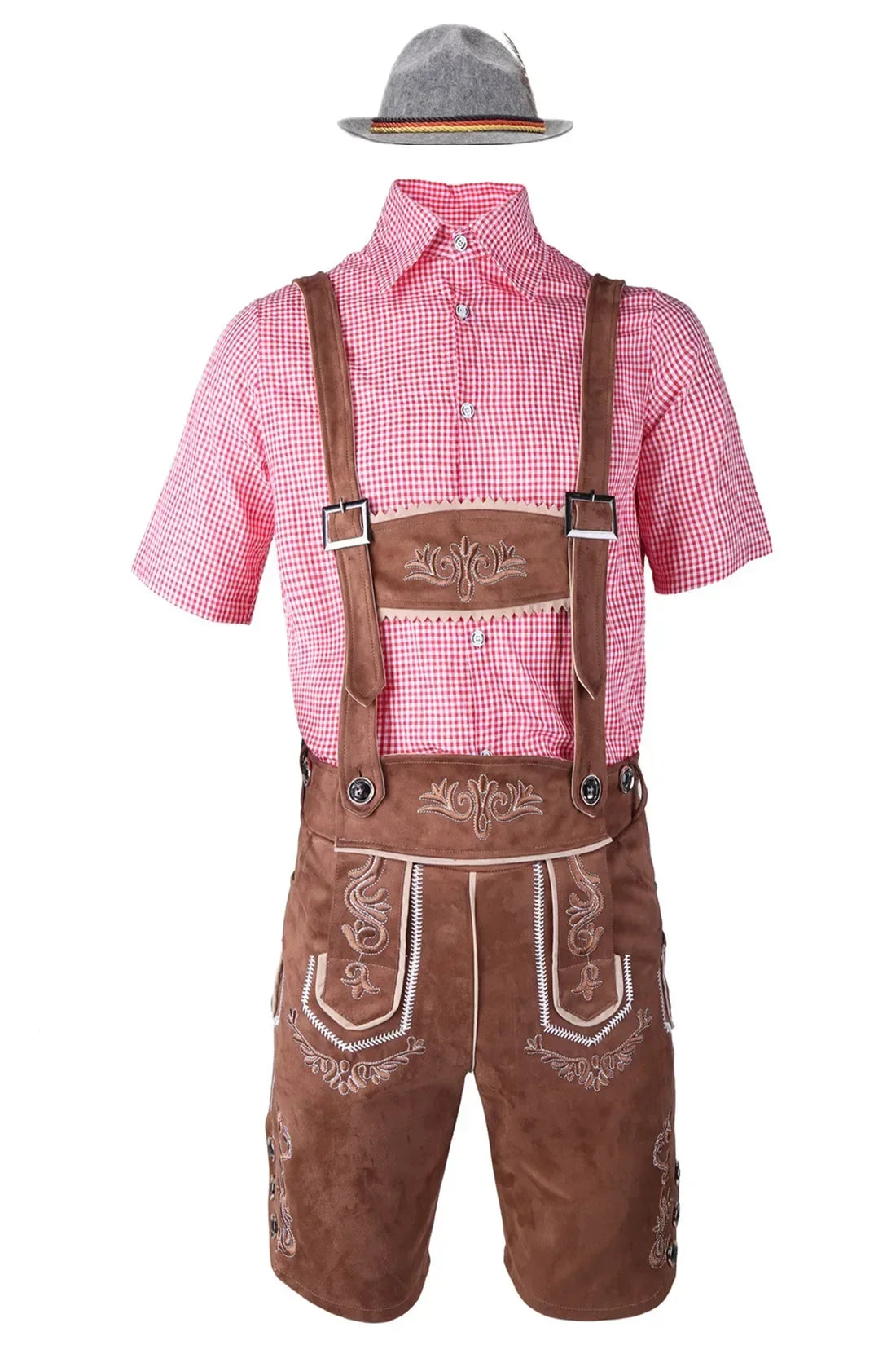 Männliches deutsches Oktoberfest-Lederhosen-Kostüm, kurzärmelig, Hosenträger, Strampler, Hemd, Hut, bayerisches Bierfest, Herren-Cosplay-Outfit