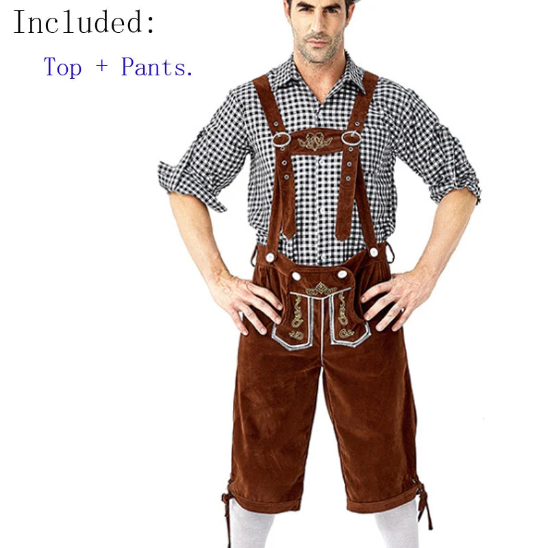 Männer Karneval Oktoberfest Kostüm Kariertes Hemd Lederhosen Outfit Cosplay Halloween Parade Bühnenshow Phantasie Partykleid